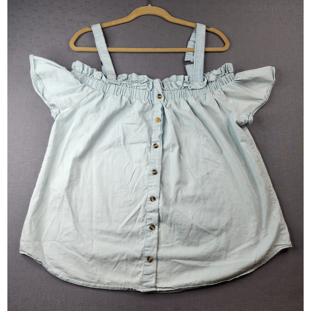 Mileage Womens 1X Denim Shirt Light Wash Ruffle Off Shoulder Boho Preppy Top